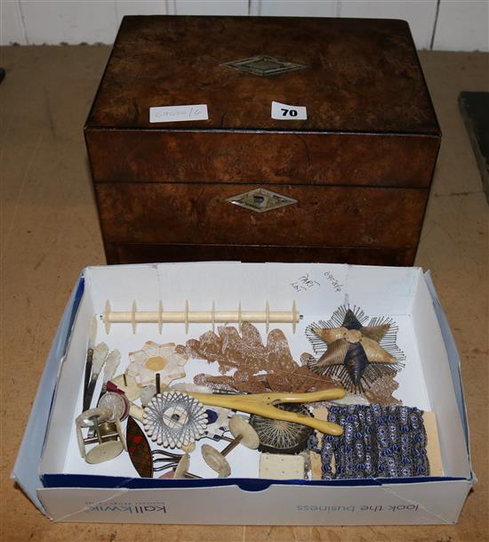 19thc mother of pearl inlaid sewing box with sewing implements etc